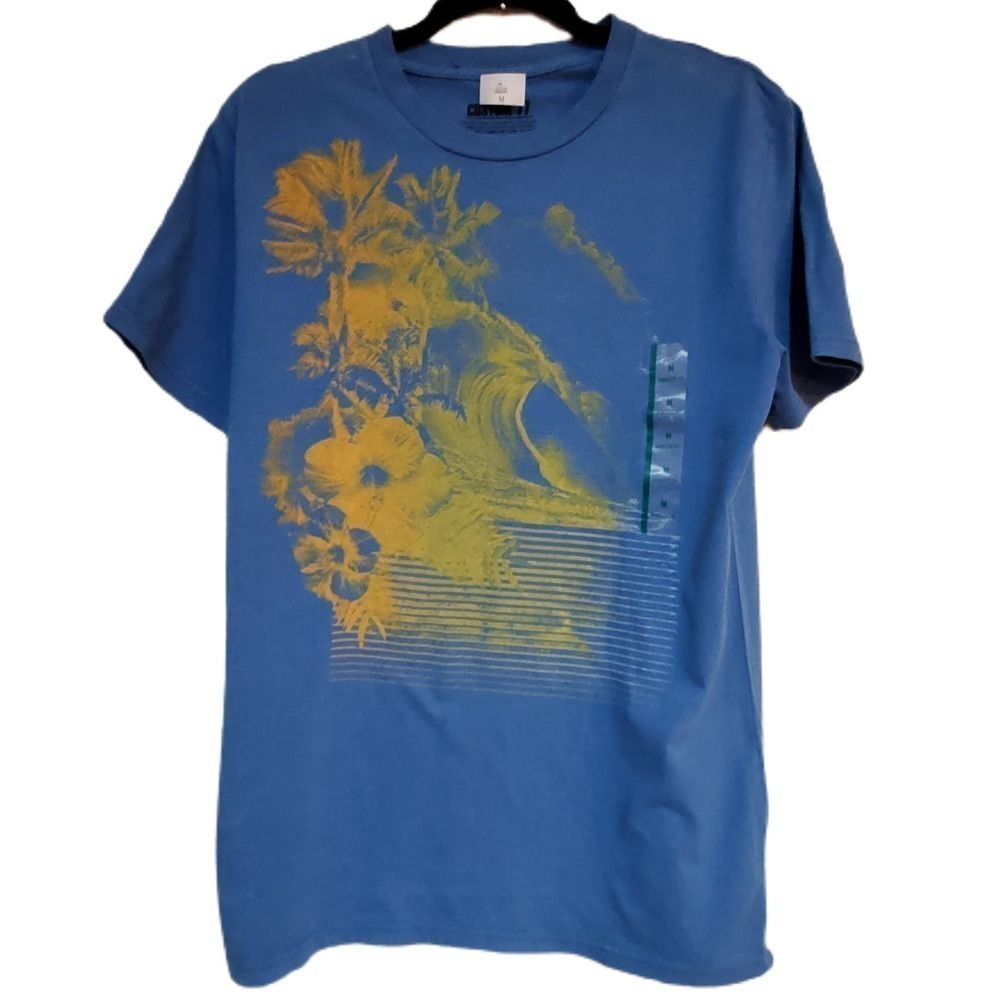 Men's Size Medium Palm Tree Tee Shirt Custom 77 Blue‎ Graphic Hibiscus